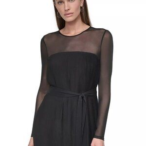 Dkny Women's Chiffon Pleated Tie-Waist Illusion-Mesh Dress , Size 6, MSRP: 139 $